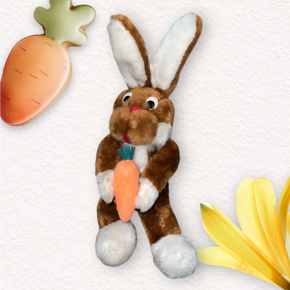 Heunec German Plush Brown White Easter Rabbit Plaid Apron Carrot Stuffed Animal